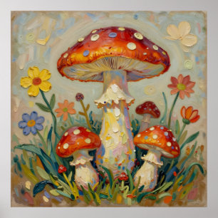 Cottage Core Pilze und Blumen Poster