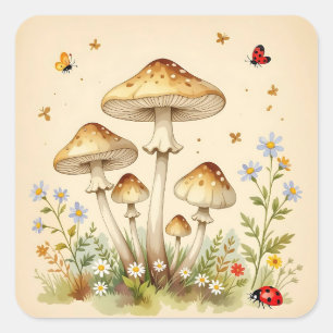 Cottage Core Vintage Pilze und Blumen Quadratischer Aufkleber