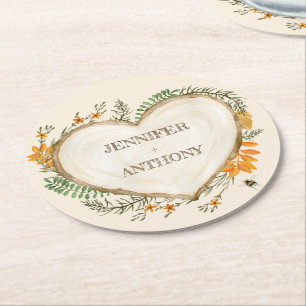 Cottage cosy Woodland Holzofenherz Hochzeit Runder Pappuntersetzer