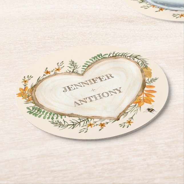 Cottage cosy Woodland Holzofenherz Hochzeit Runder Pappuntersetzer (Angewinkelt)