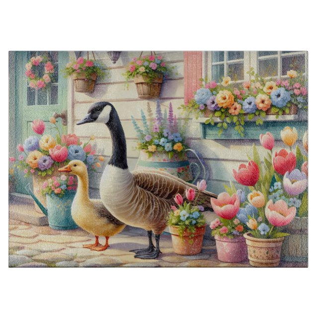Cottage Garden Geese Spring Illustration Schneidebrett (Vorderseite)