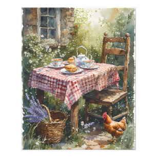 Cottage-Garten-Teemorgen-Aquarell Fotodruck