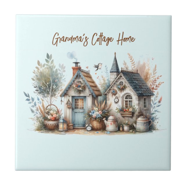 Cottage Haven Florale Häuser Illustration Fliese (Vorderseite)