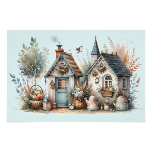 Cottage Haven Florale Häuser Illustration Poster