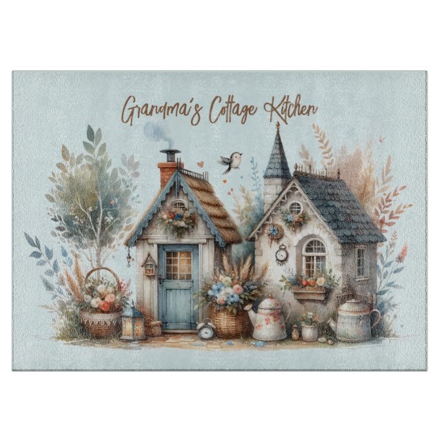 Cottage Haven Florale Häuser Illustration Schneidebrett (Vorderseite)