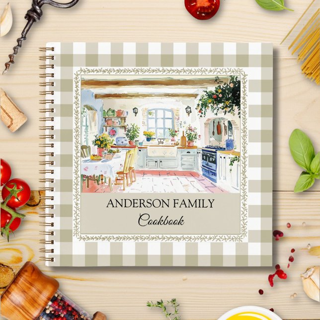 Cottage Kitchen Olive Green Gingham Family Recipe Notizbuch (In situ)