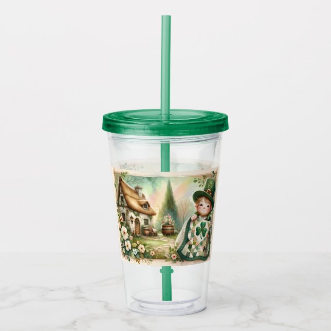 Cottage Leprechaun Patchwork Quilt Scene Acryltrinkbecher (Vorderseite)