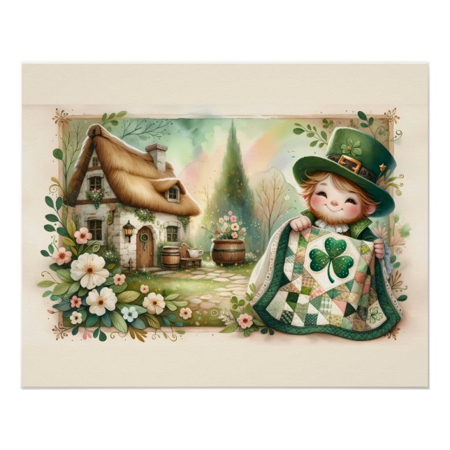 Cottage Leprechaun Patchwork Quilt Scene Poster (Vorderseite)
