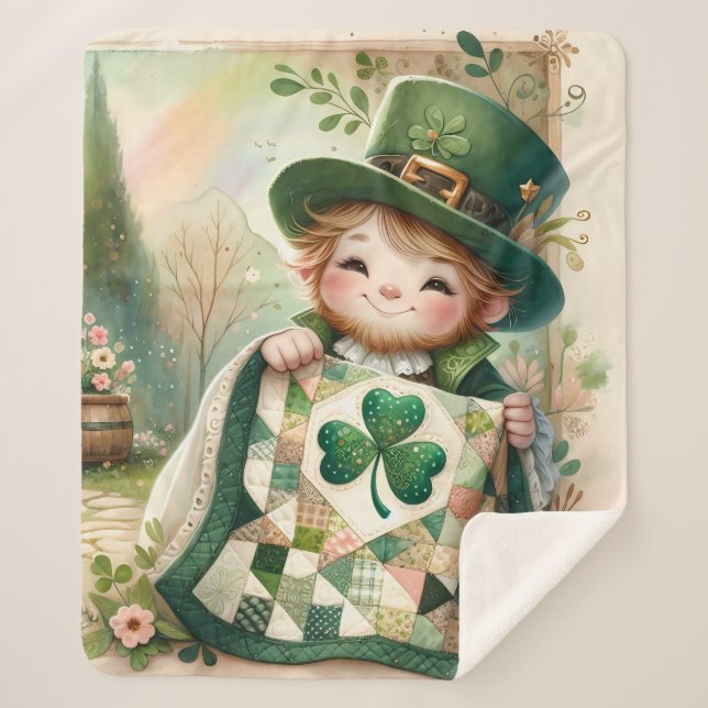 Cottage Leprechaun Patchwork Quilt Scene Sherpadecke (Vorderseite)