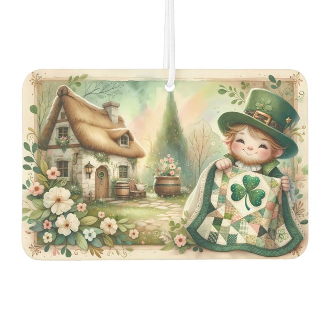 Cottage Leprechaun Patchwork Quilt Szene Autolufterfrischer (Vorderseite)