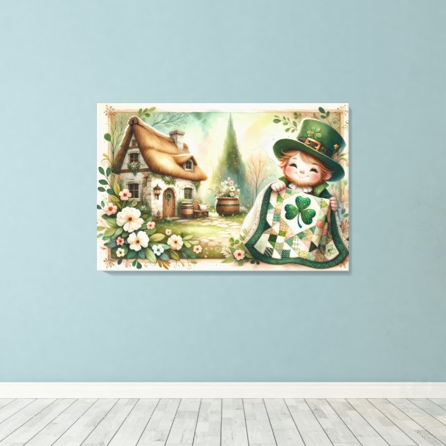 Cottage Leprechaun Patchwork Quilt Szene Leinwanddruck (Insitu (Holzboden))