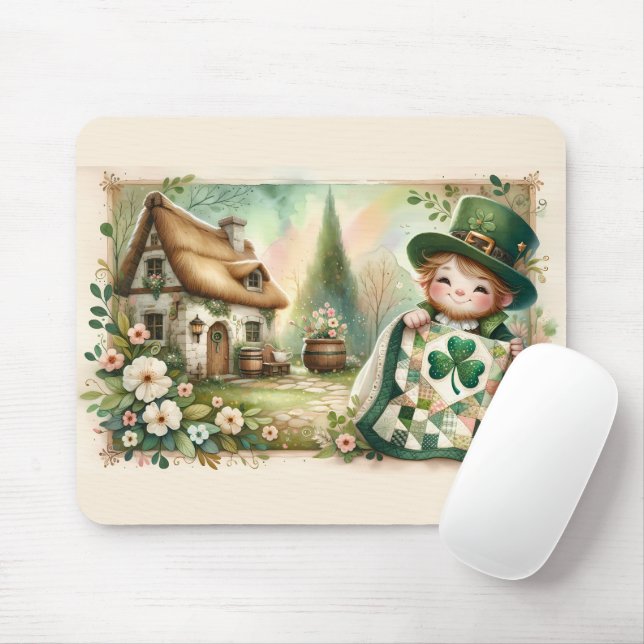 Cottage Leprechaun Patchwork Quilt Szene Mousepad (Mit Mouse)