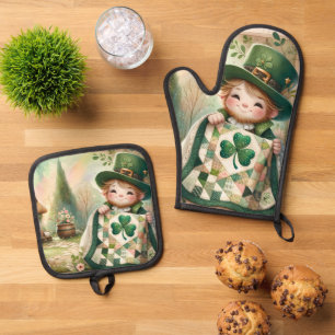 Cottage Leprechaun Patchwork-Quilt-Szene Ofenhandschuh & Topflappen-Set