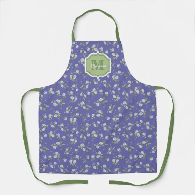 Cottage Style Periwinkle Floral Daisies Monogram Schürze (Vorderseite)