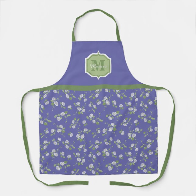 Cottage Style Periwinkle Floral Daisies Monogram Schürze (Vorderseite)
