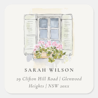 Cottage Vintage Floral Window Moved Address Quadratischer Aufkleber