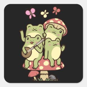 Cottagecore Aesthetic Frog with banjo Mushroom Quadratischer Aufkleber