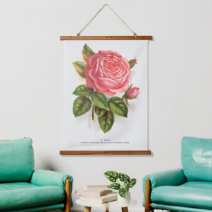 Cottagecore Antike Pink-Rosen-Blumenillustration Wandteppich Mit Holzrahmen
