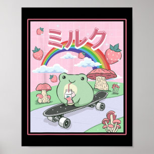 Cottagecore-Ästhetik-Skateboarding-Frosch trinkt Poster