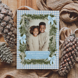 Cottagecore Blau kariert Weihnachts-Foto Karte