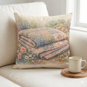 Cottagecore Blumen-Patchwork-Quilt Aquarell Kissen