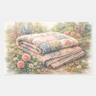 Cottagecore Blumen-Patchwork-Quilt Aquarell Rechteckiger Aufkleber