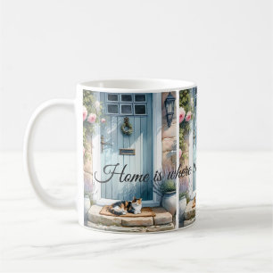 Cottagecore-Blumenveranda mit Calico-Katze-Text Kaffeetasse