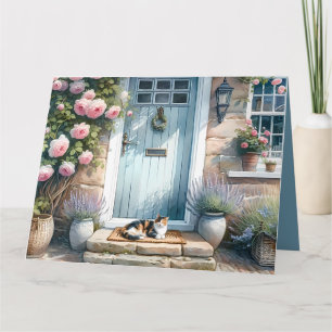 Cottagecore-Blumenveranda mit dreifarbiger Katze Dankeskarte