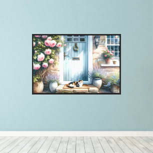 Cottagecore-Blumenveranda mit dreifarbiger Katze Leinwanddruck