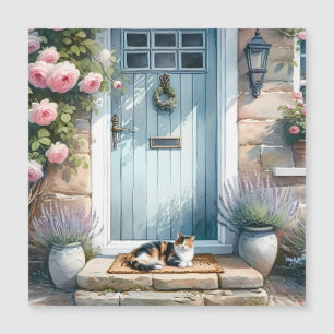 Cottagecore-Blumenveranda mit dreifarbiger Katze M Magnetkarte