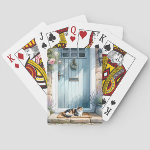 Cottagecore-Blumenveranda mit dreifarbiger Katze Spielkarten