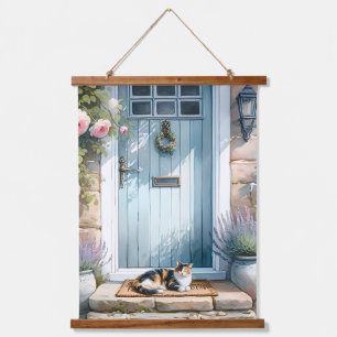 Cottagecore-Blumenveranda mit dreifarbiger Katze Wandteppich Mit Holzrahmen