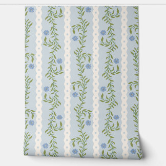 Cottagecore Climbing Floral Stripes on Light Blue Tapete
