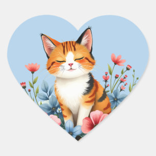 Cottagecore Floral Cat Herz-Aufkleber