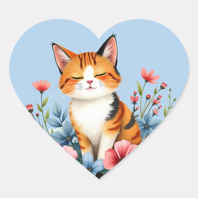 Cottagecore Floral Cat Herz-Aufkleber (Vorderseite)