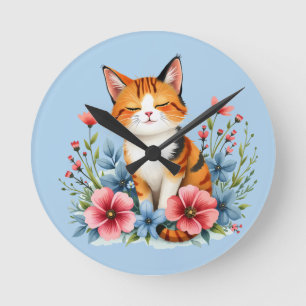 Cottagecore Floral Cat Runde Wanduhr