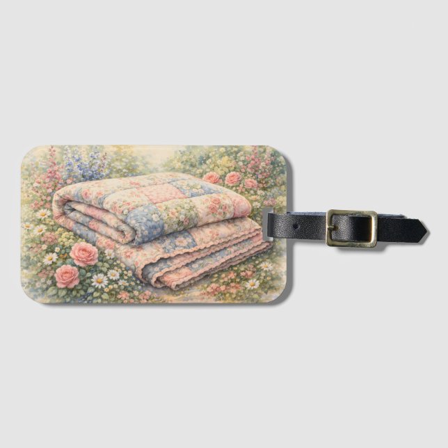 Cottagecore Floral Patchwork Quilt Watercolor Gepäckanhänger (Vorderseite (Horizontal))