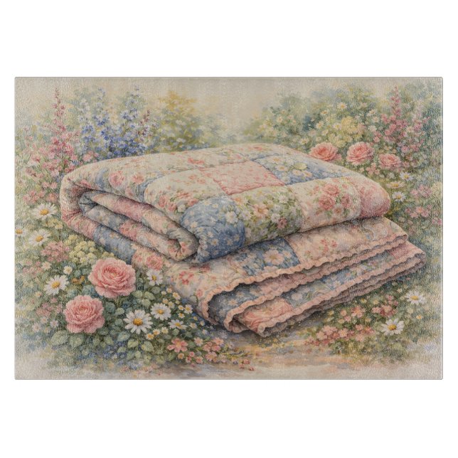 Cottagecore Floral Patchwork Quilt Watercolor Schneidebrett (Vorderseite)