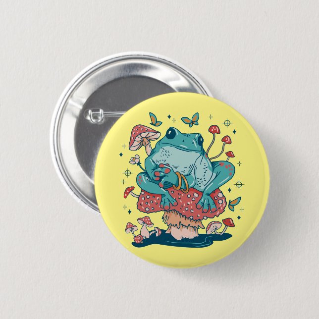 Cottagecore-Frosch auf Pilzhaus Button (Vorne & Hinten)