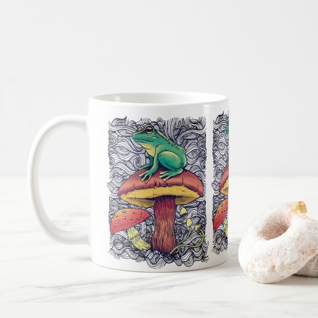 Cottagecore-Frosch mit Pilzdesign Kaffeetasse (Mit Donut)