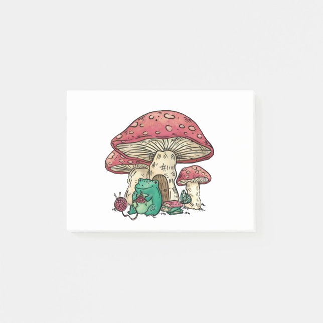 Cottagecore-Frosch mit Pilzhaus Post-it Klebezettel (Vorderseite)