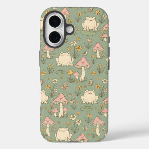 Cottagecore-Frosch- und Pilz-Wiesen-Muster-Handyhü iPhone 16 Hülle