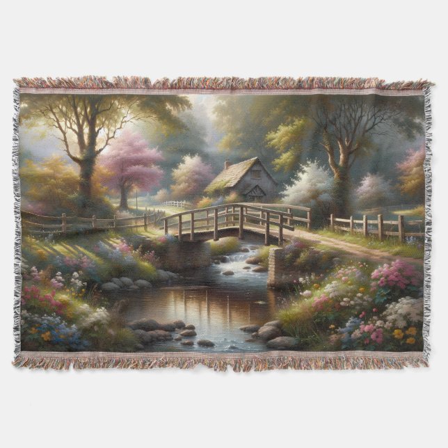 Cottagecore-Frühlingsbrücke Cottage-Szene Decke (Vorderseite)