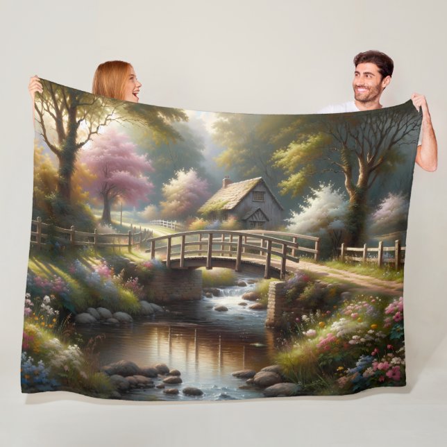 Cottagecore Frühlingsbrücke Cottage Szene Fleecedecke (Beispiel)