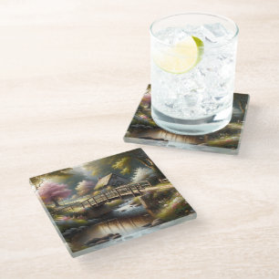 Cottagecore Frühlingsbrücke Cottage Szene Glasuntersetzer