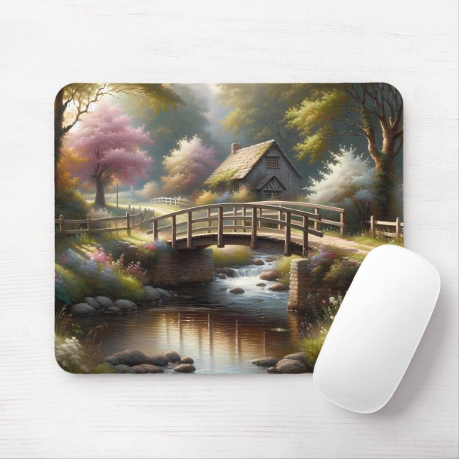 Cottagecore Frühlingsbrücke Cottage Szene Mousepad (Mit Mouse)