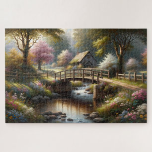 Cottagecore-Frühlingsbrücke Cottage-Szene Puzzle