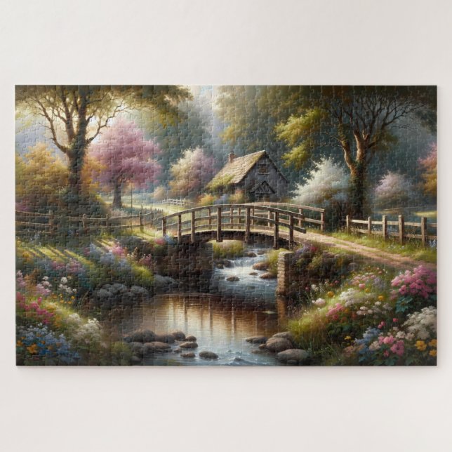 Cottagecore-Frühlingsbrücke Cottage-Szene Puzzle (Horizontal)