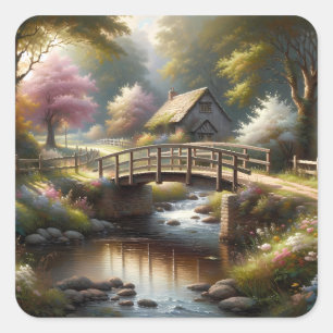 Cottagecore-Frühlingsbrücke Cottage Szene Quadratischer Aufkleber