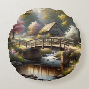 Cottagecore Frühlingsbrücke Cottage Szene Rundes Kissen